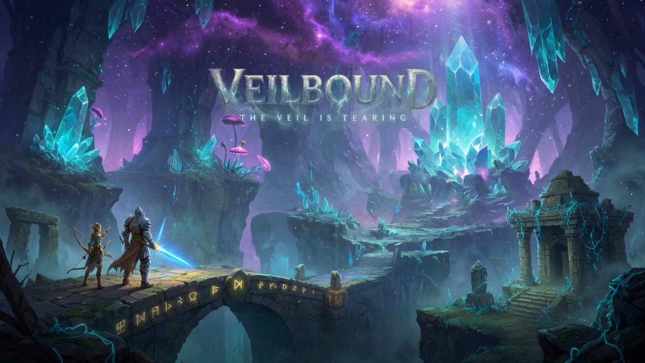 Veilbound adventurers overlooking a crystalline fantasy cavern