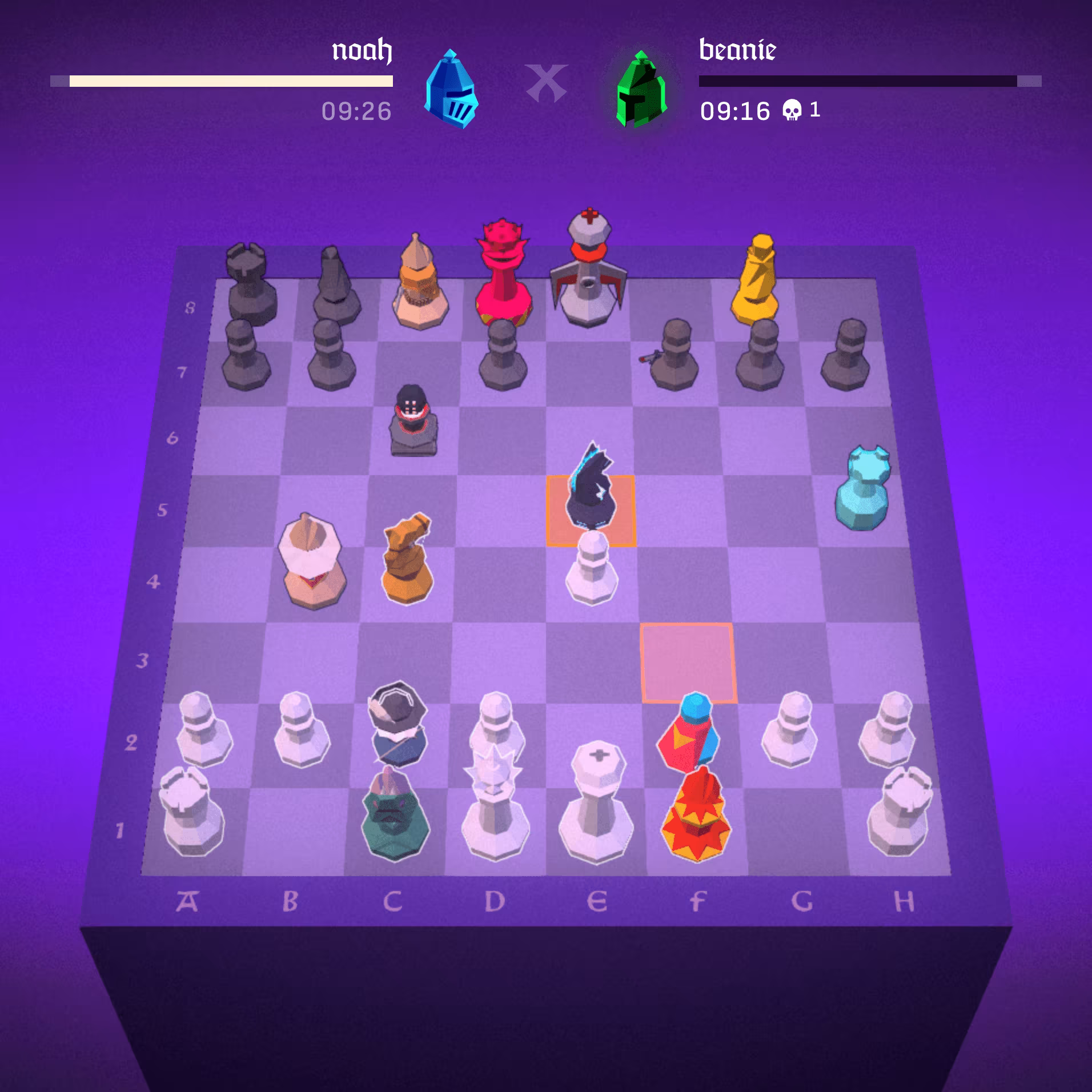 Pixie Chess match showing magical pieces on a purple chessboard